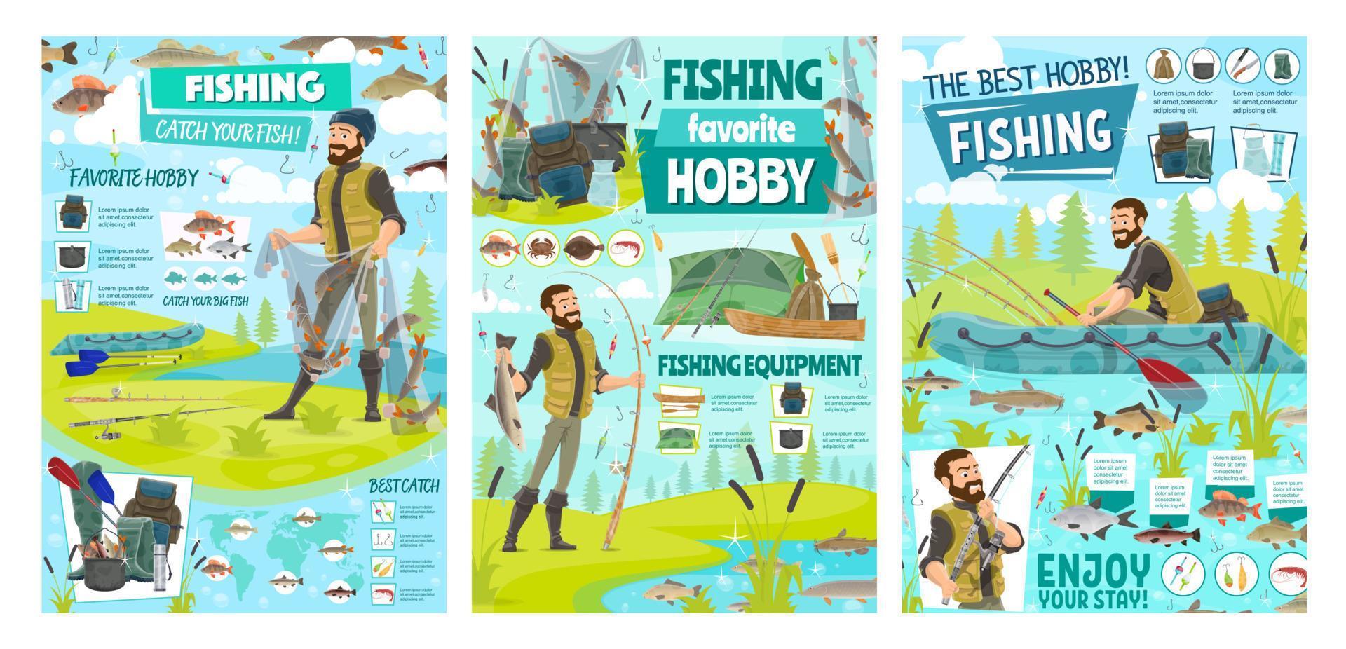 Fishing hobby, big fish and seafood catch sport vector