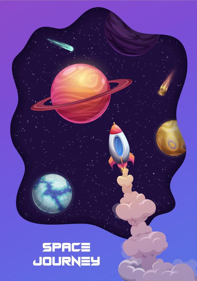 Paper cut galaxy landscape and space rocket launch vector