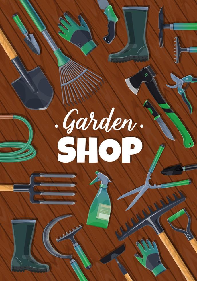 Garden shop tools, farmer equipment poster vector