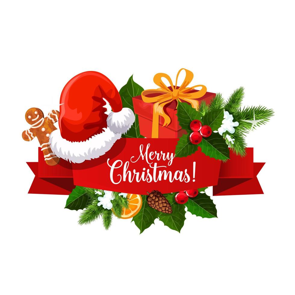 Christmas ribbon banner with Santa gift and hat vector