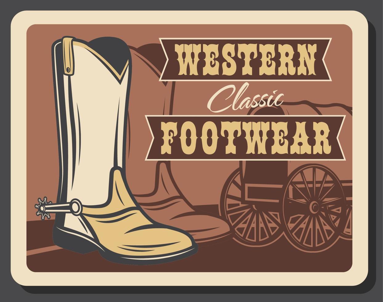 afiche retro del salvaje oeste, calzado de vaquero occidental vector