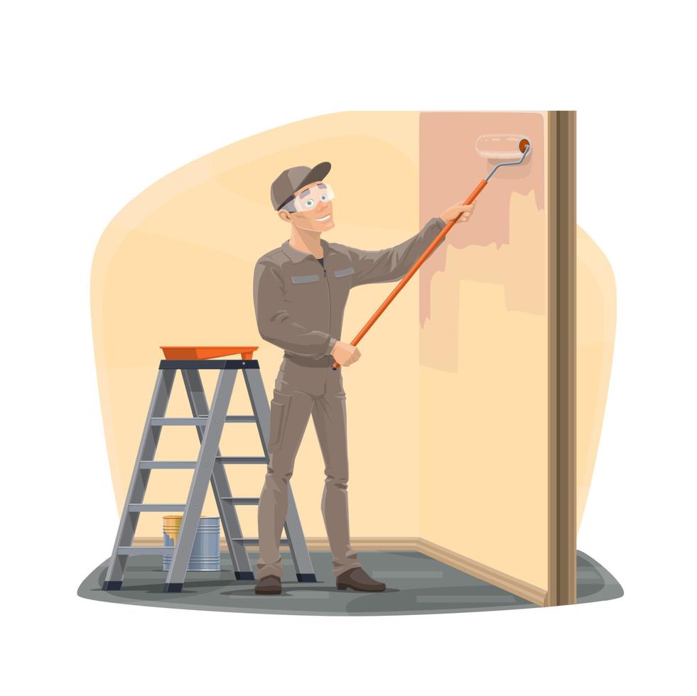 Painter painting wall with paint roller, bucket vector