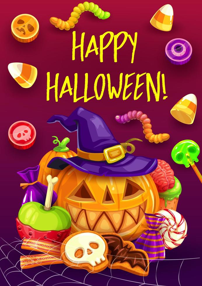 Halloween trick or treat candy, pumpkin, witch hat vector