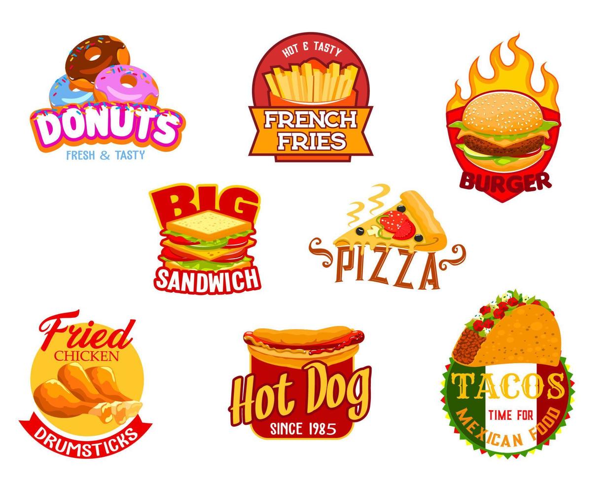 Fast food hamburger, pizza, taco, hot dog icons vector