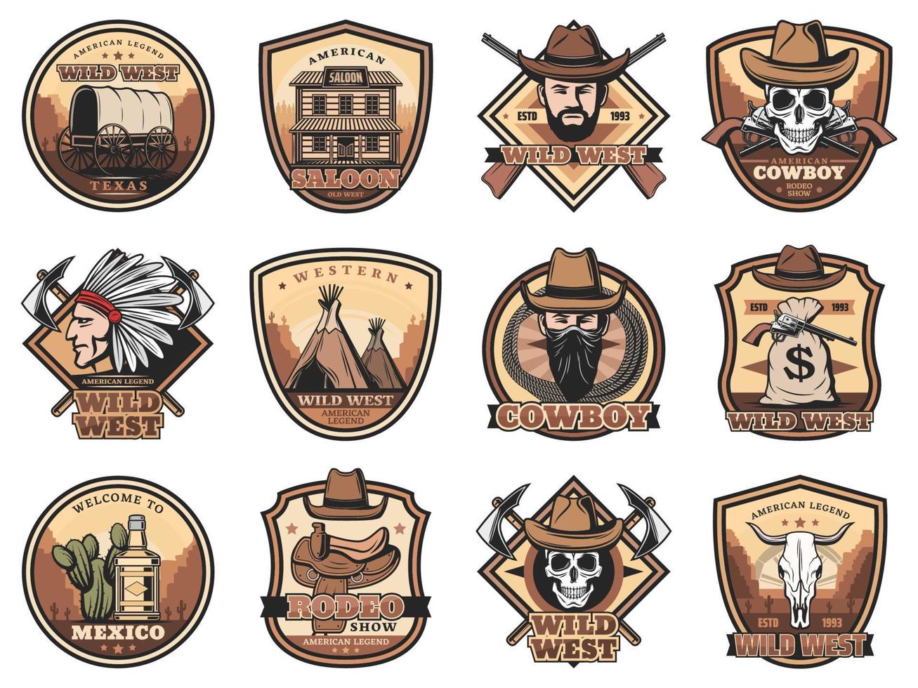 conjunto de iconos del salvaje oeste. signos vectoriales occidentales vector