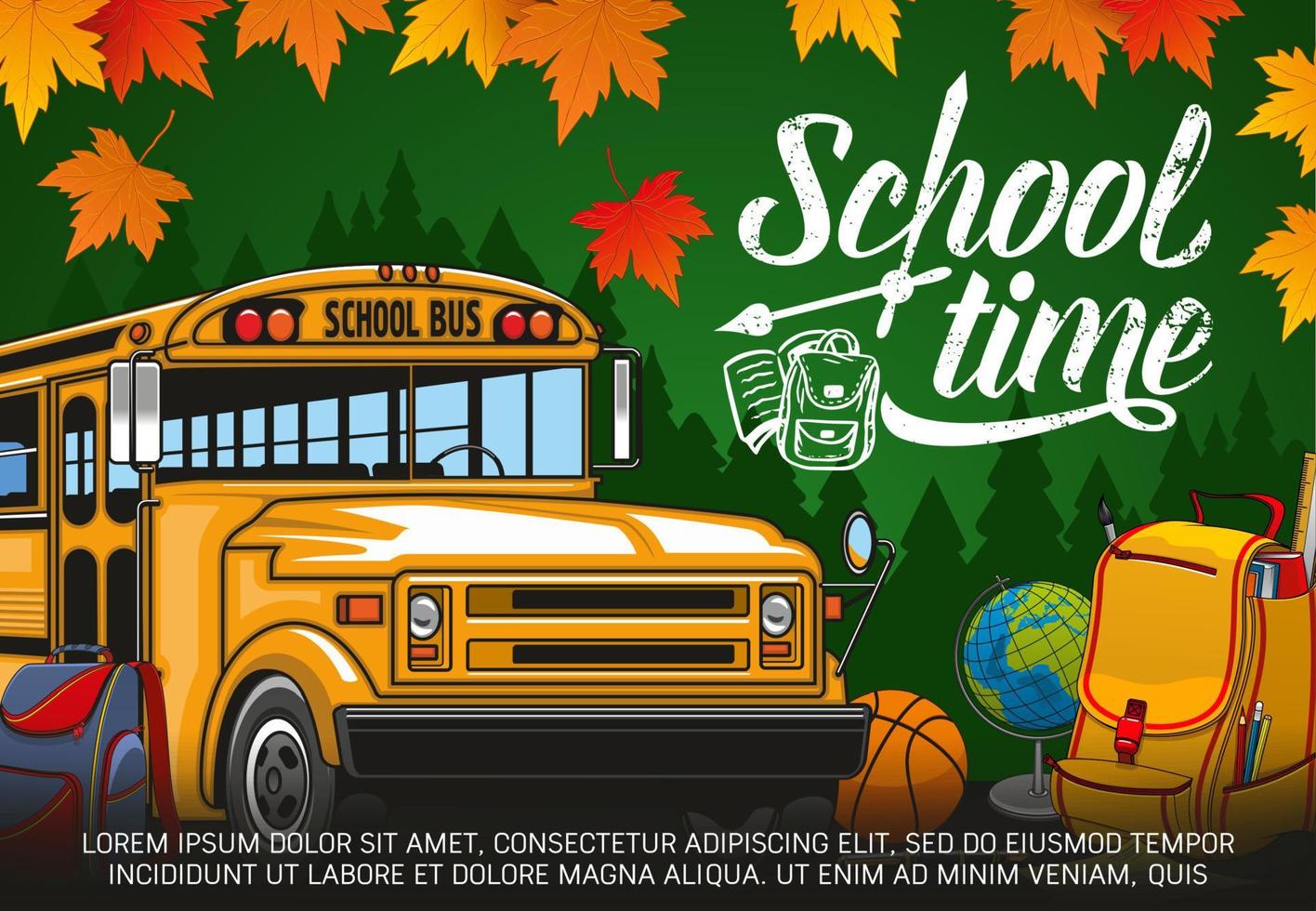 School time lettering, bus, backpack and globe vector