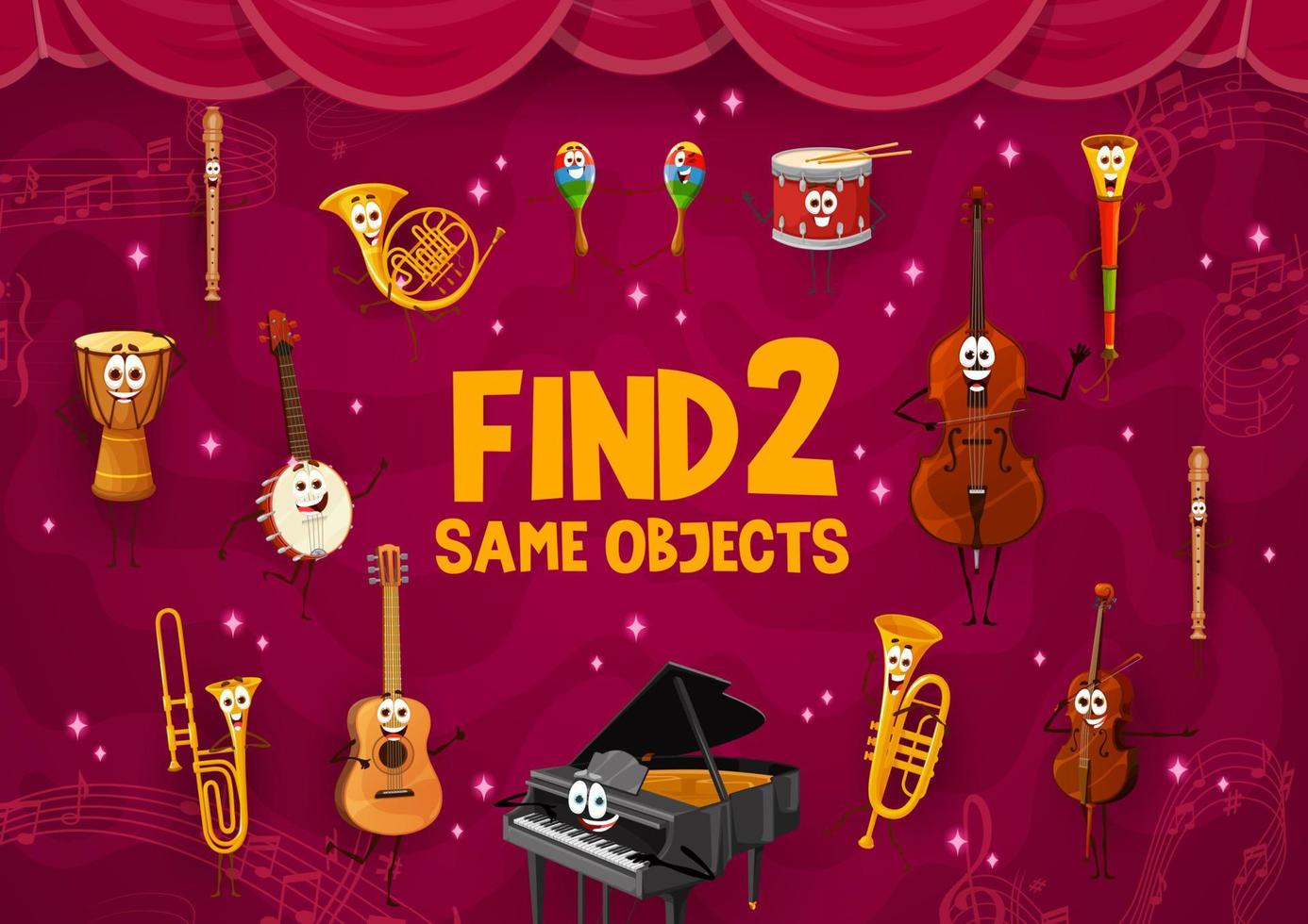 Find two same cartoon musical instrument character vector
