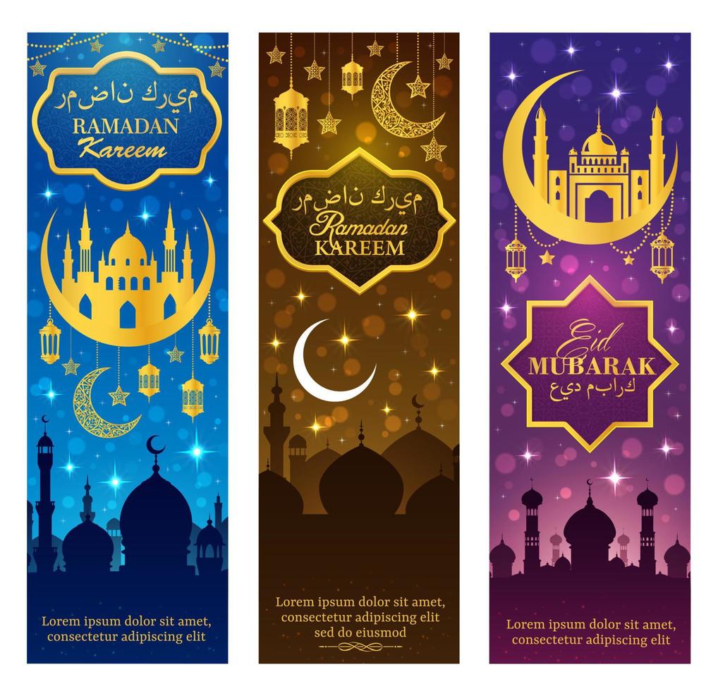 Ramadan Kareem lantern, mosque, lamp and moon vector