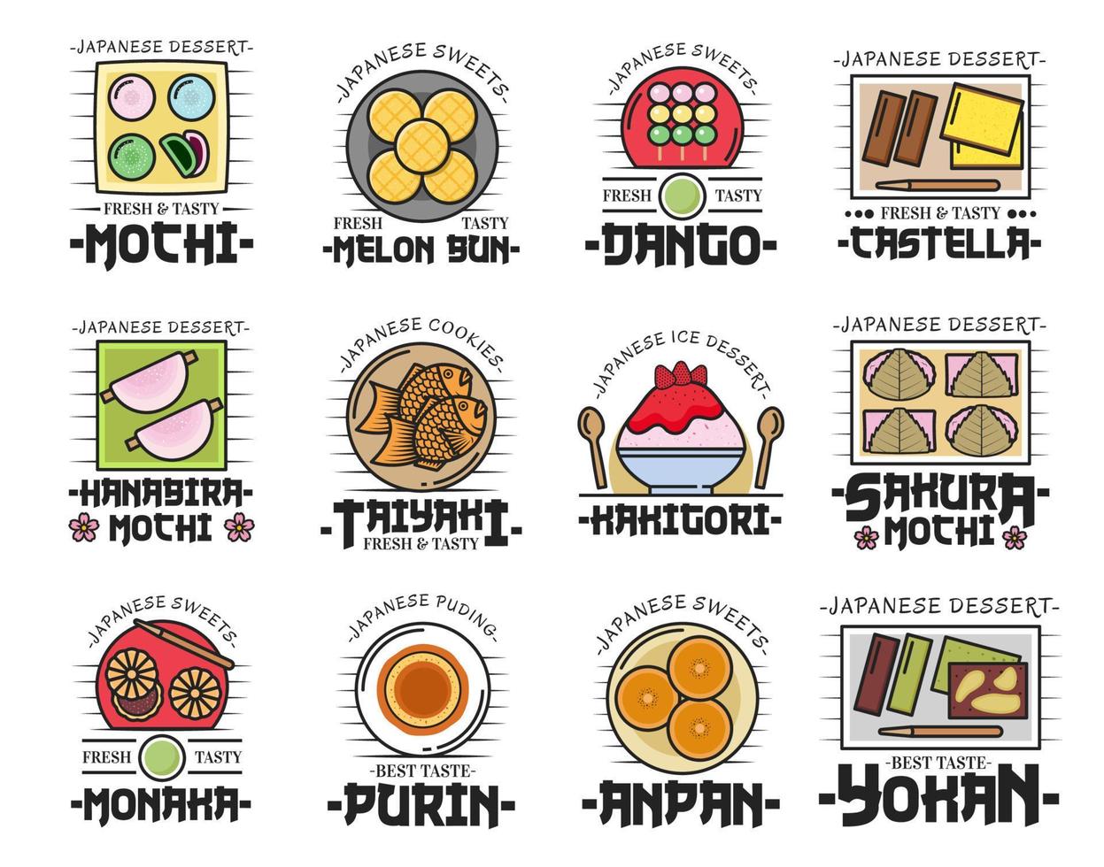 postres japoneses. tortas de mochi, pan de melón, taiyaki vector