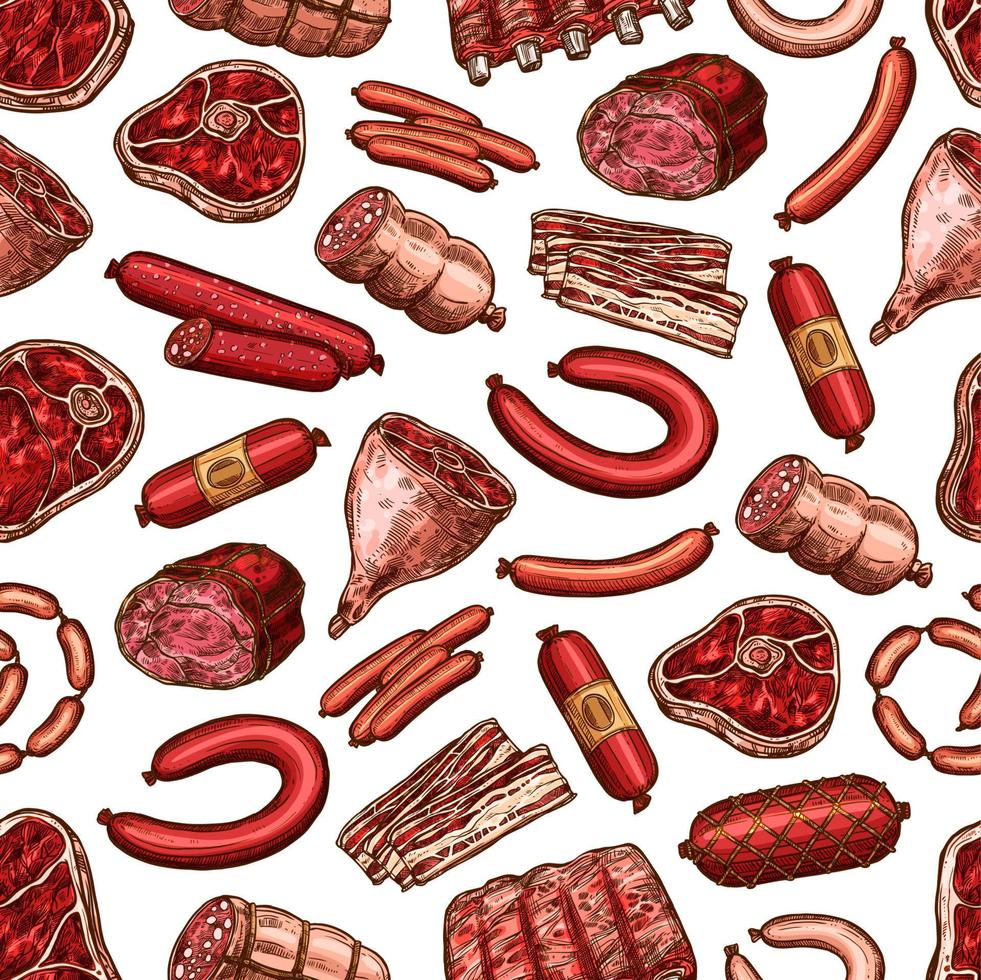 Meat seamless pattern of beaf steak, pork, sausage vector