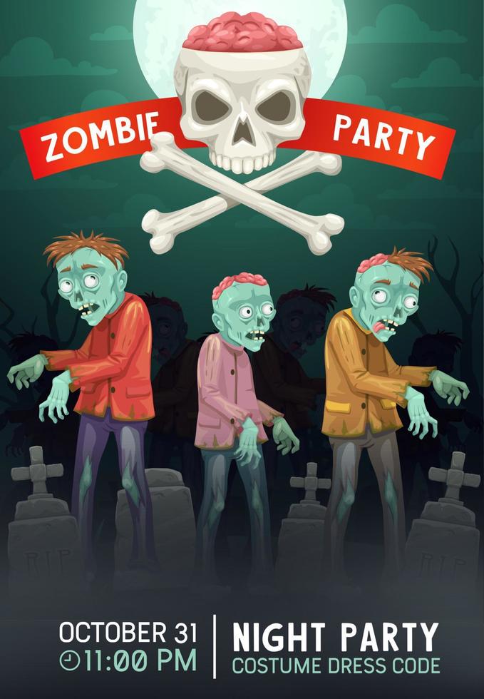 Halloween zombies walking on cemetery. Invitation vector