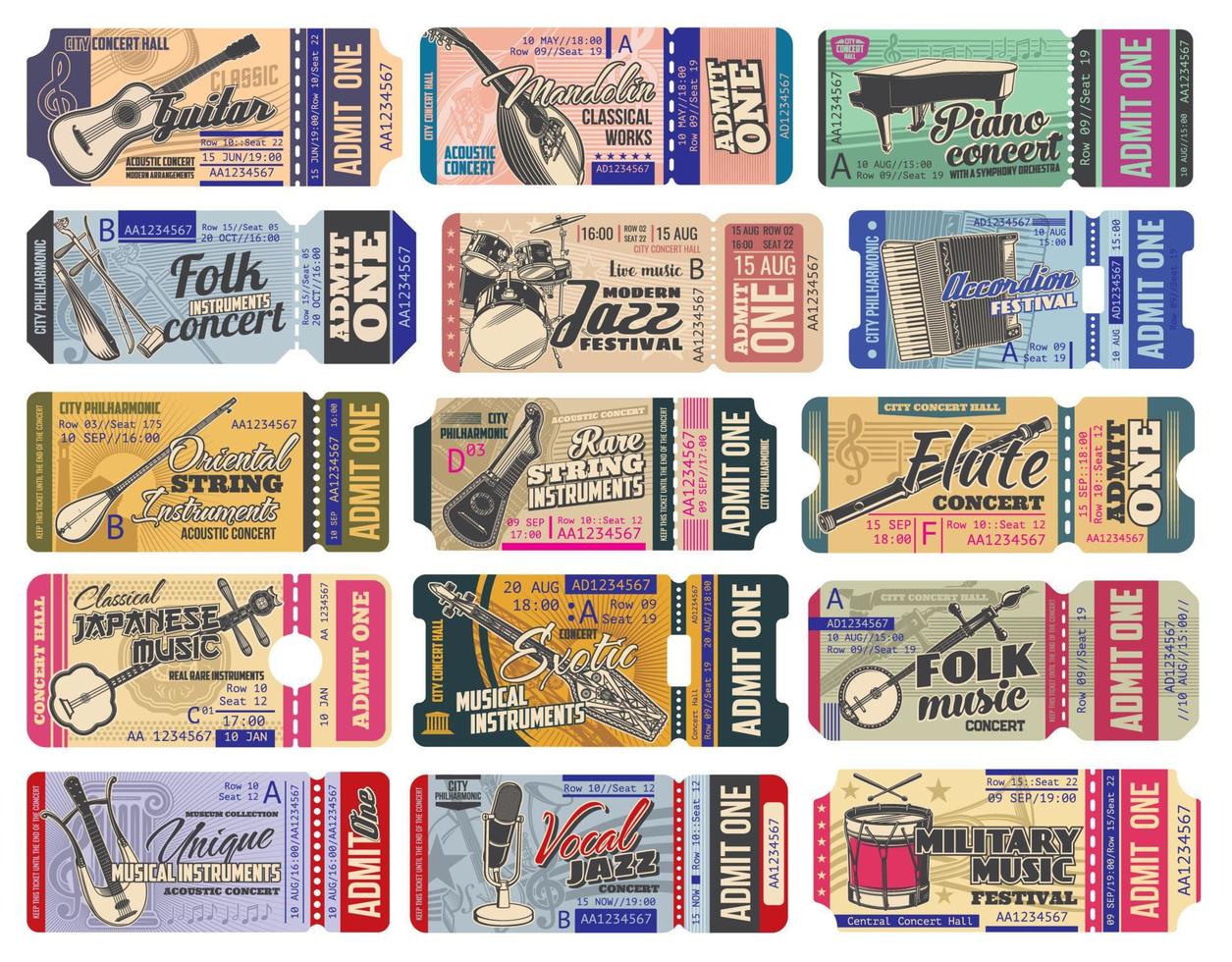 Ticket templates of music concert with instruments vector