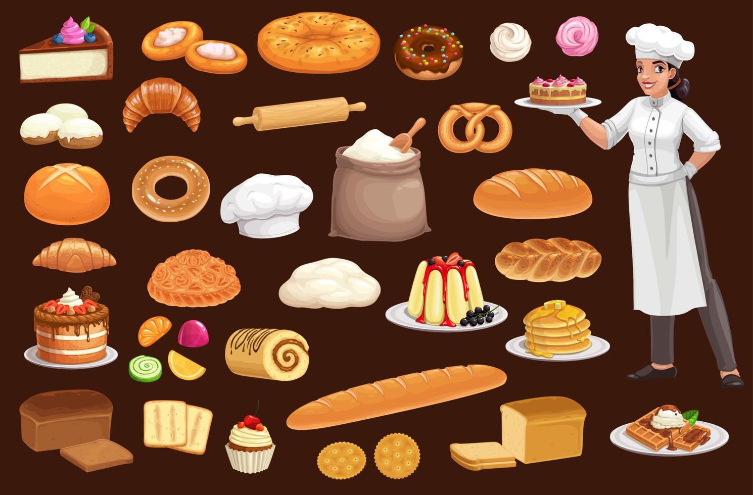 Baker, cake, bread, pastry, bun and cupcakes vector