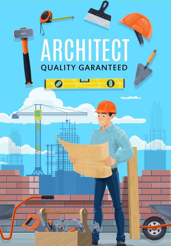 Construction architect, house builder man vector