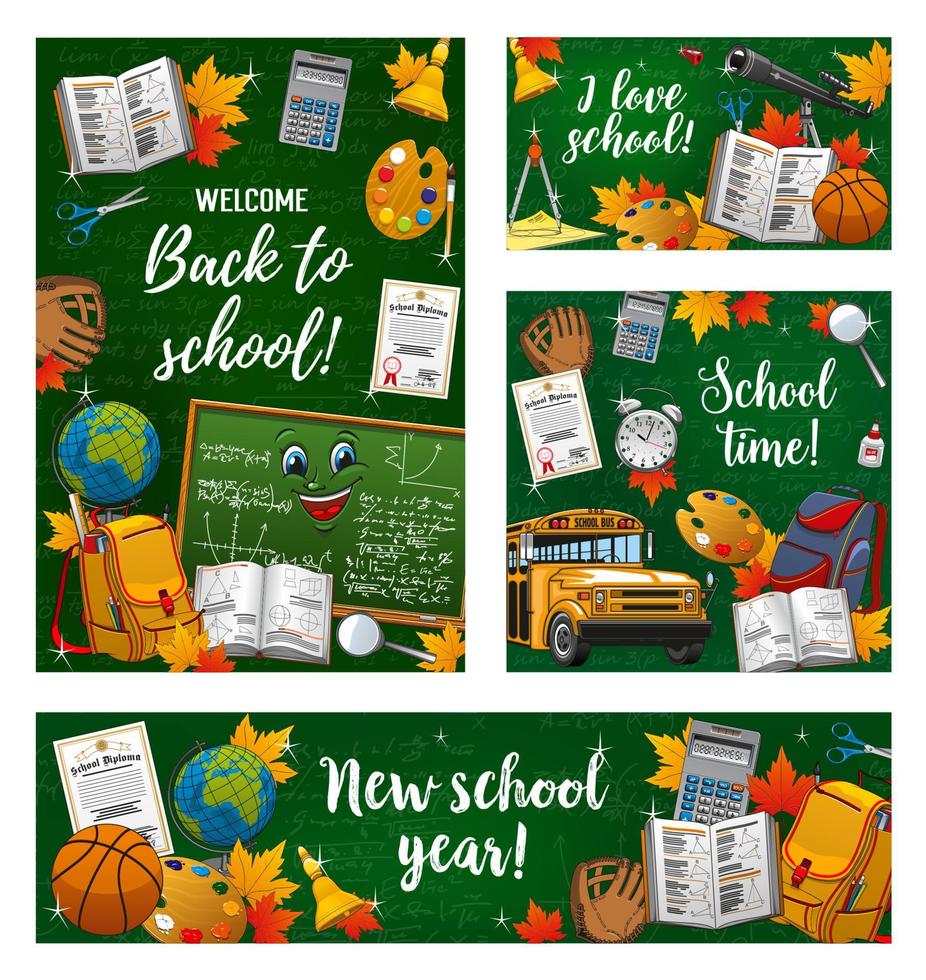 Back to school, student books on green chalkboard vector