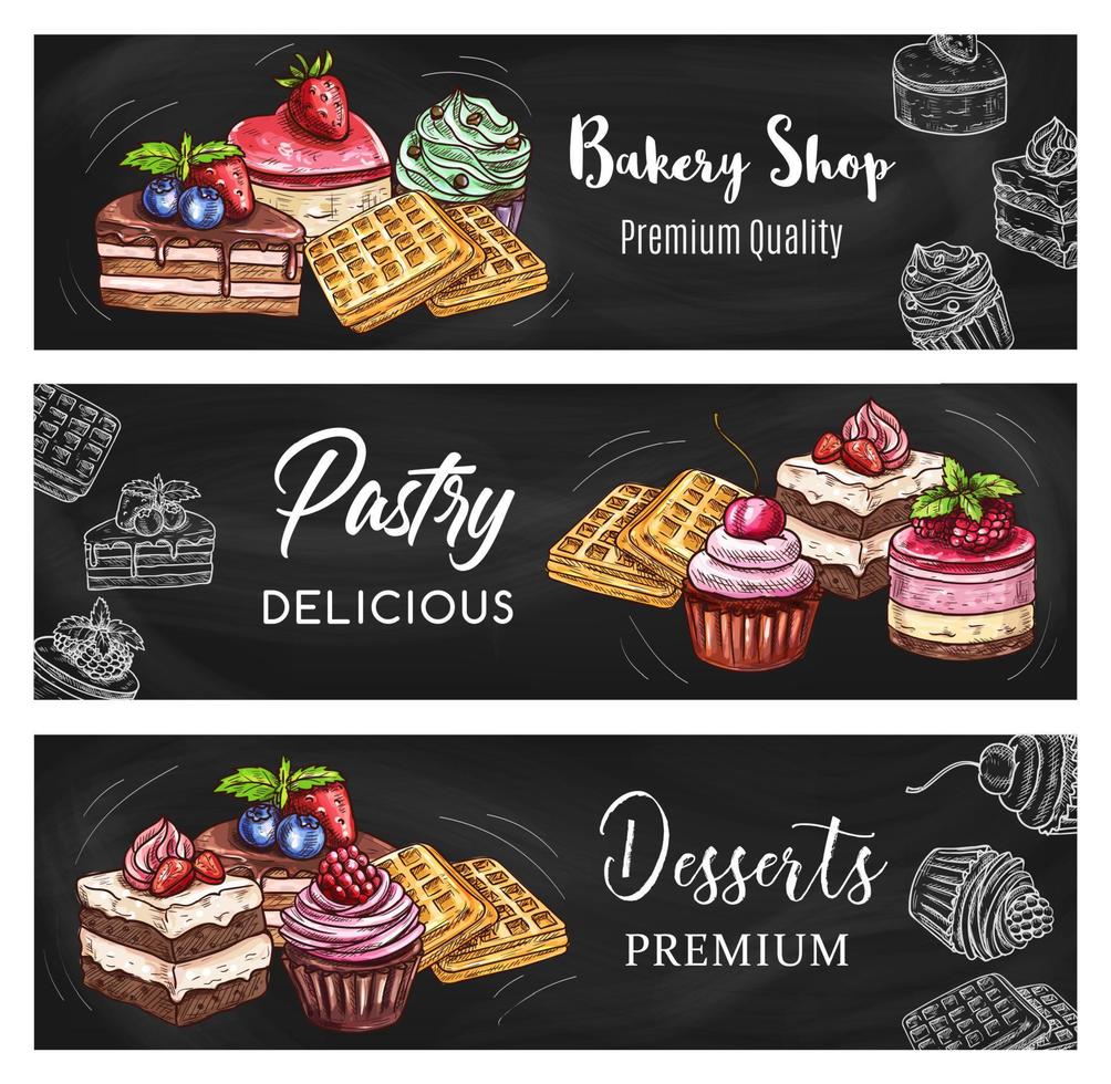 Pastry dessert and cake blackboard banners vector