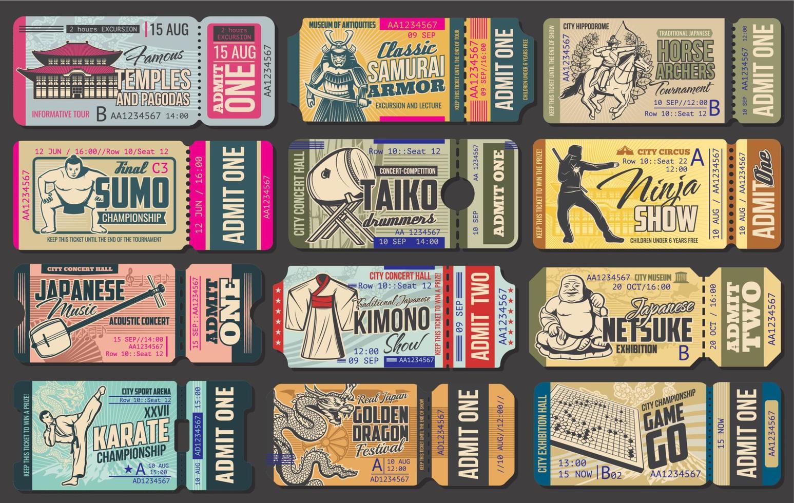 Tickets of Japanese museums, festivals and shows vector