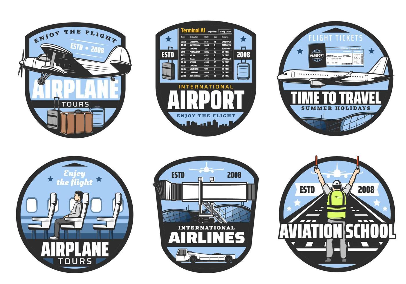 Airlines and airport, flights, aviation icons vector