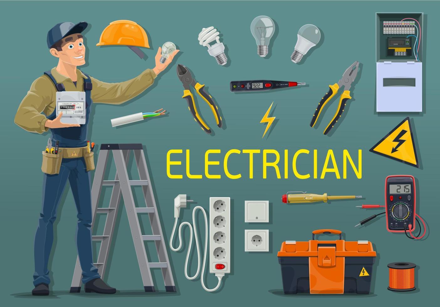 electricista con medidor de electricidad y herramientas de trabajo vector