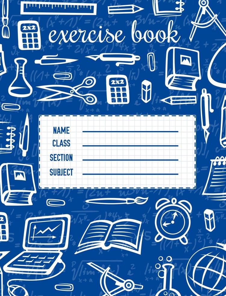 Notebook cover template with school supplies vector