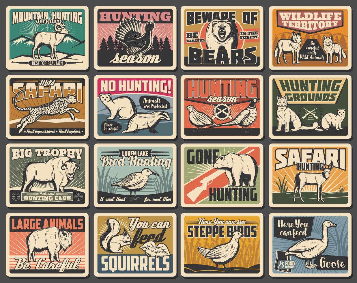 Hunting season retro posters with wild animals vector