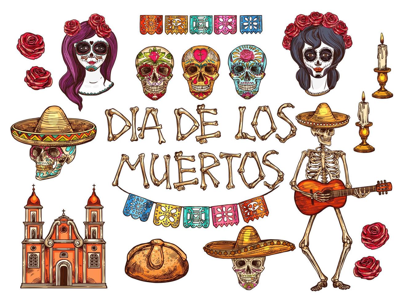 Dia de Muertos Mexican Day of Dead sketch symbols vector