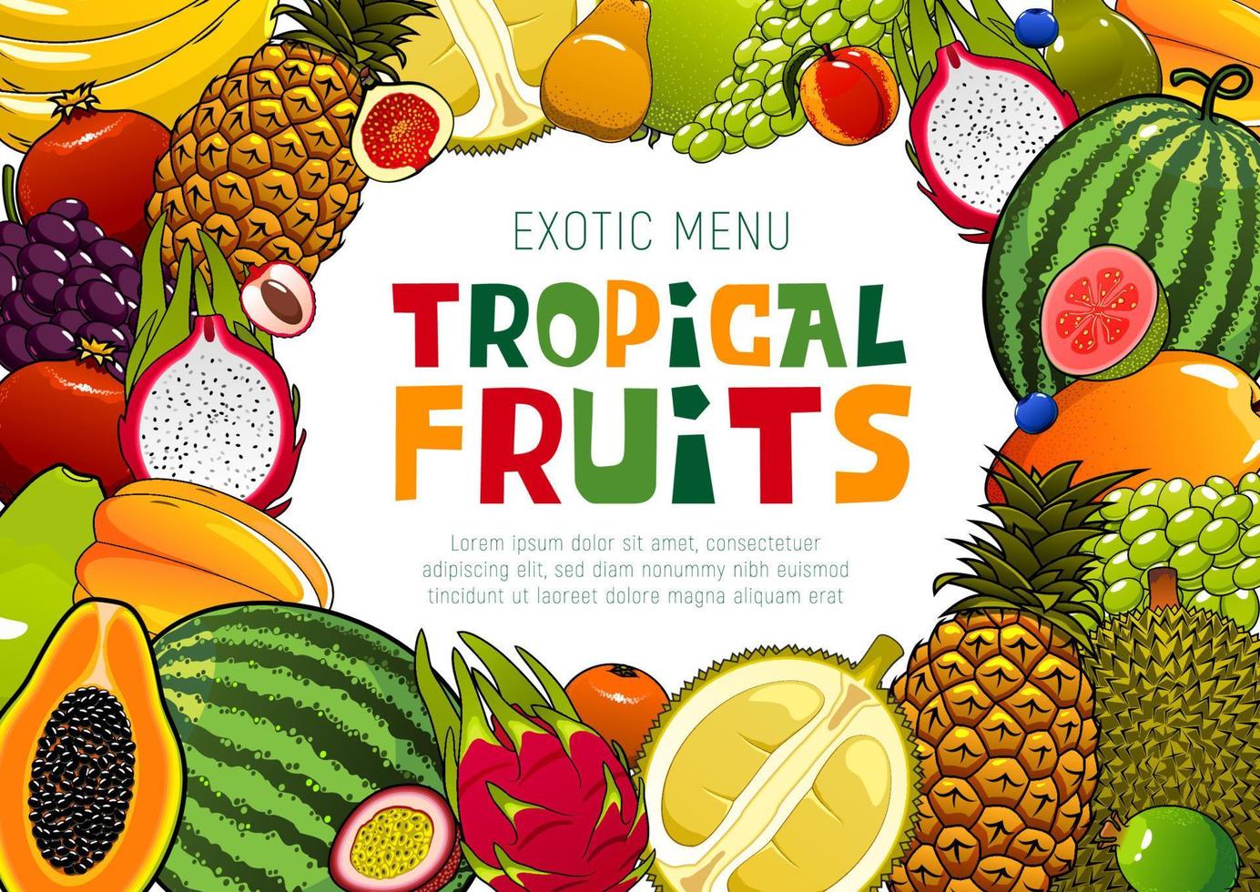 Exotic fruits, tropical papaya and pineapple fruit vector