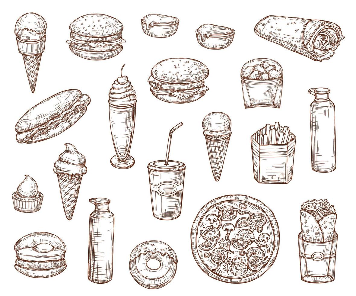 Comidas y bocadillos de comida rápida, menú de croquis. vector