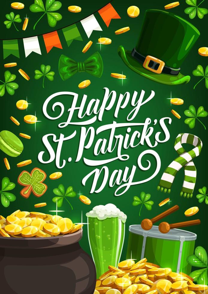 St Patrick day golden coins pot, shamrock clover vector