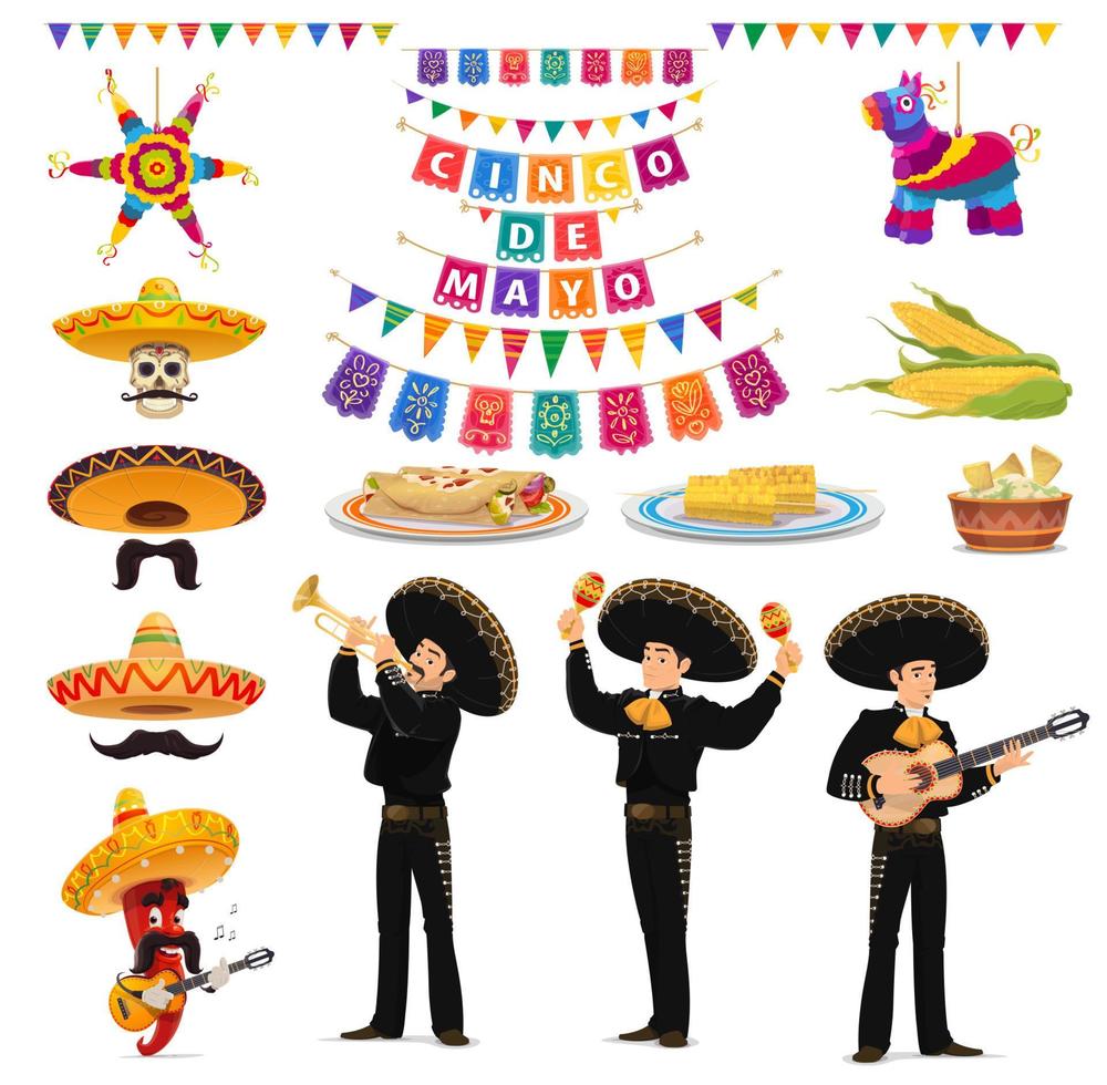 Cinco de Mayo food, musician, sombrero and pinata vector