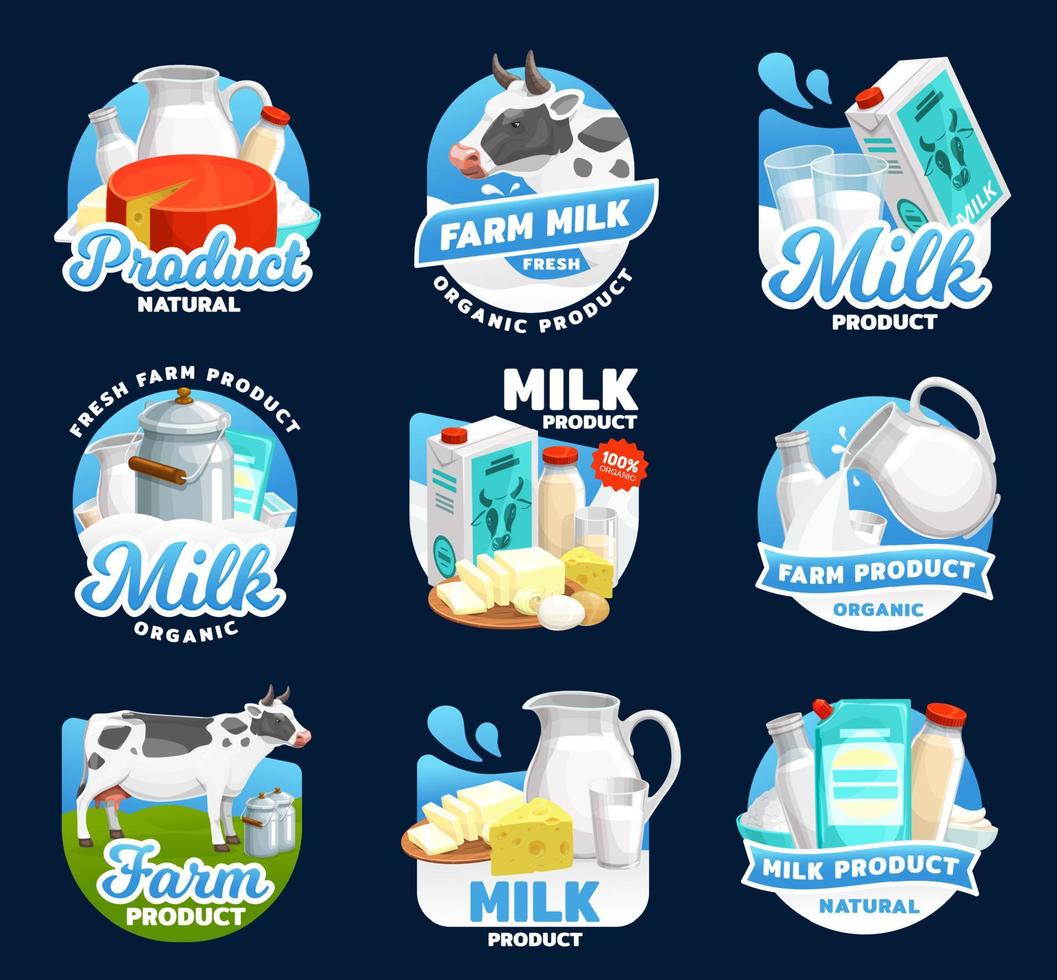 Dairy food icons, milk, cream, cheese and butter vector