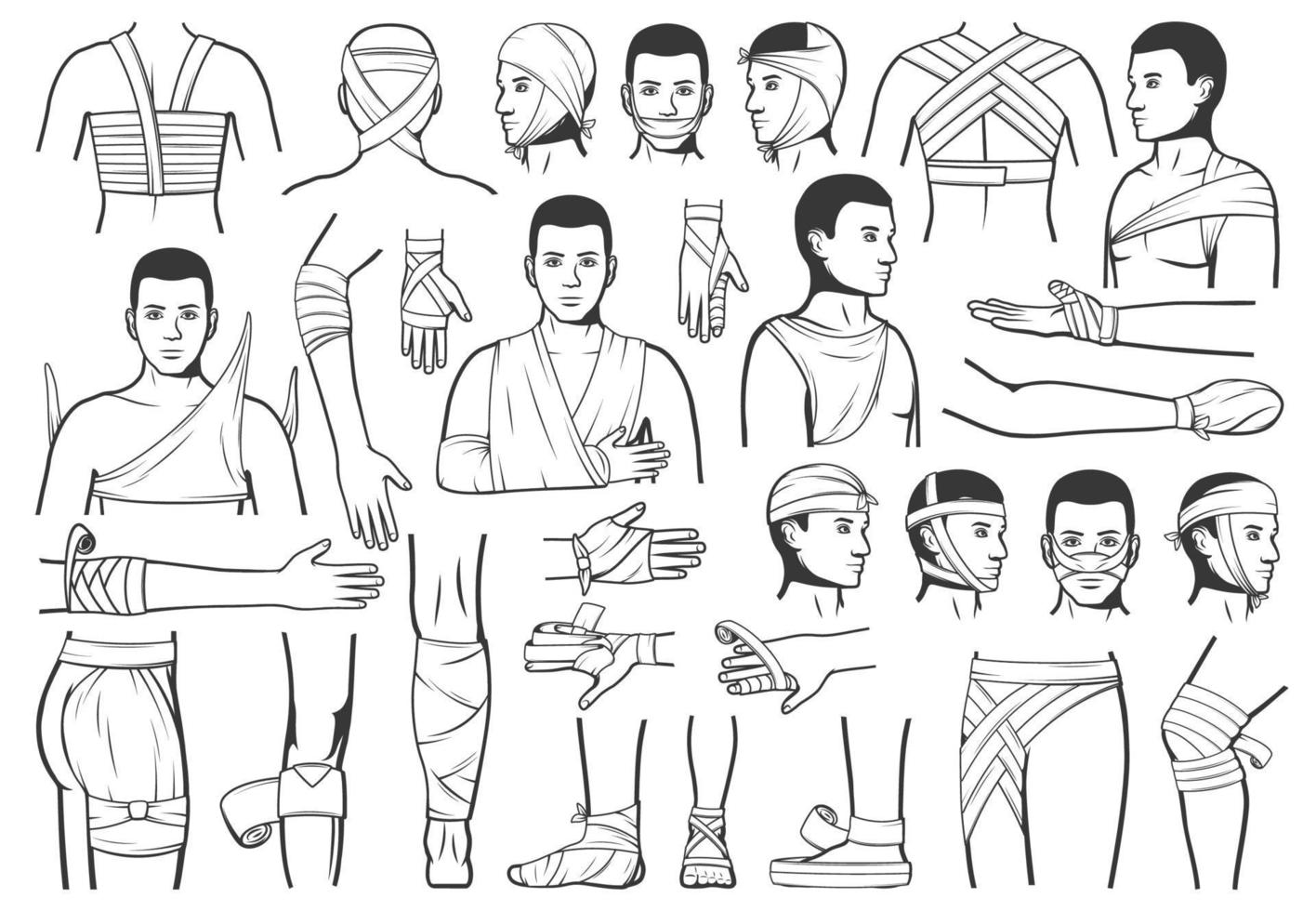 Trauma bandaging, wound first aid vector icons