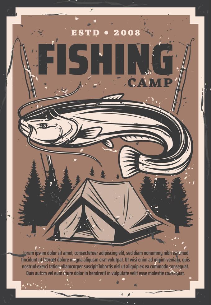 Fishing rods and fish, tourist or fisherman tent vector