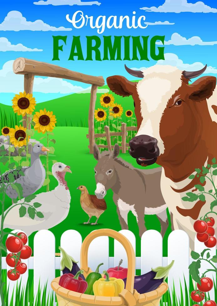 Farm yard with cow and turkey animals, vegetables vector