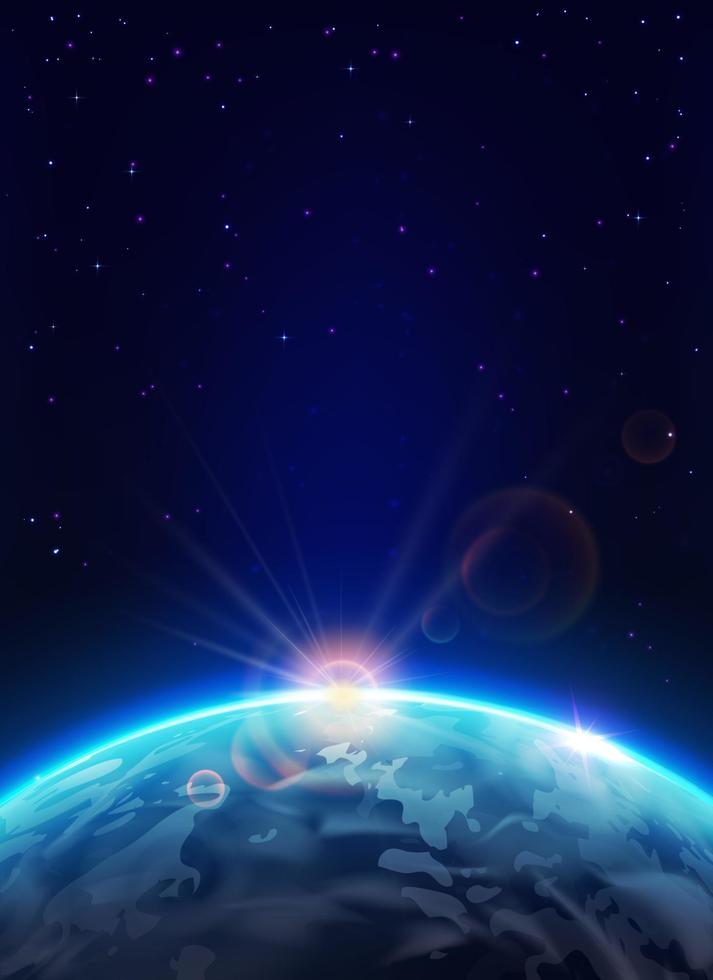 Sunrise in space. Earth planet with Sun and stars vector
