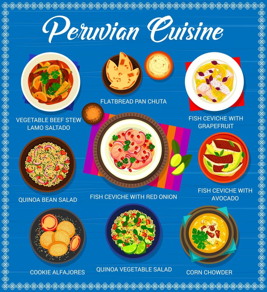 menú de cocina peruana, ceviche de pescado, carne, verduras vector