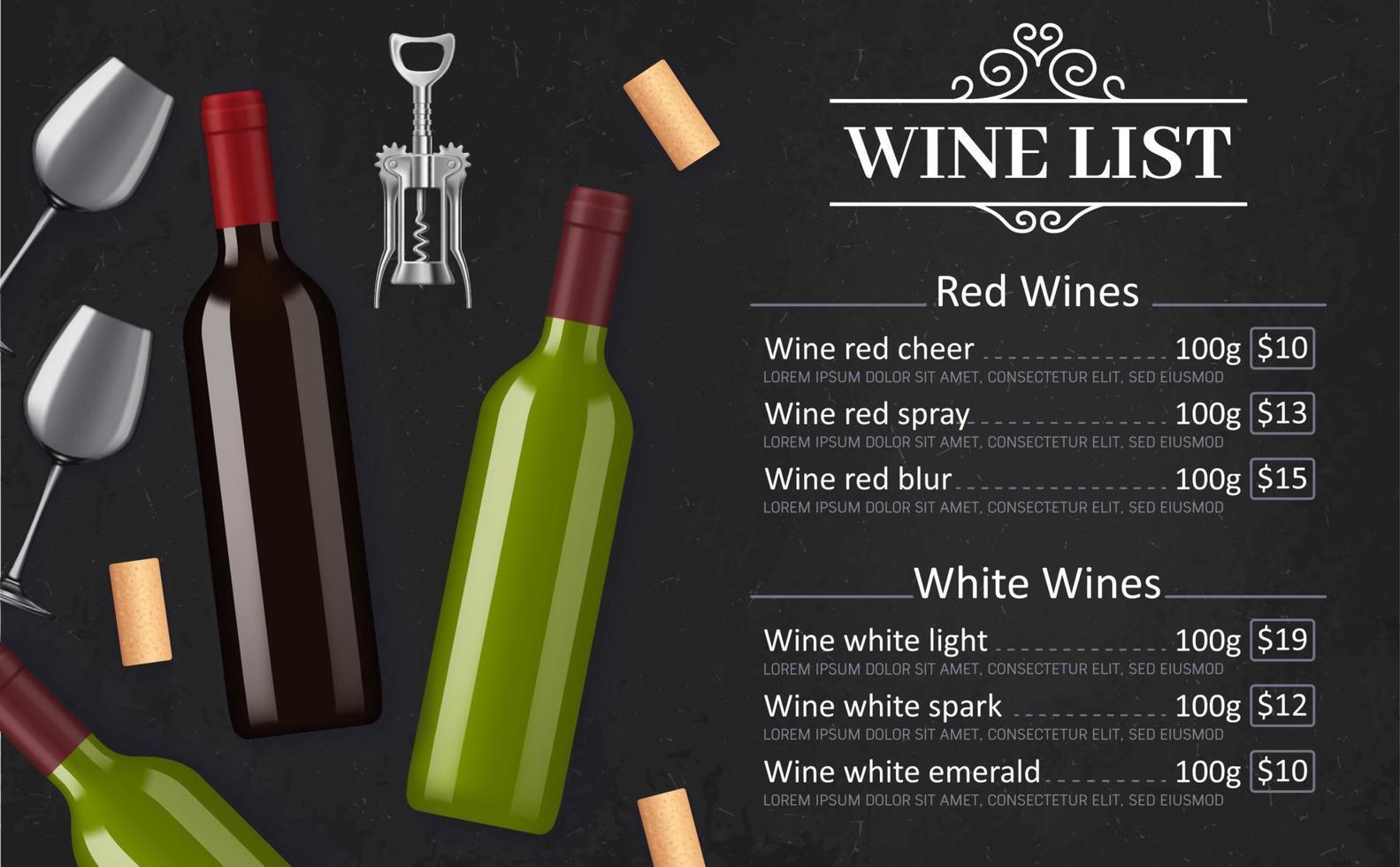 Wine list vector menu of alcohol drinks