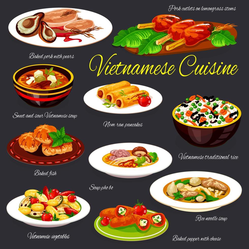 Conjunto de vectores de platos de restaurante de cocina vietnamita