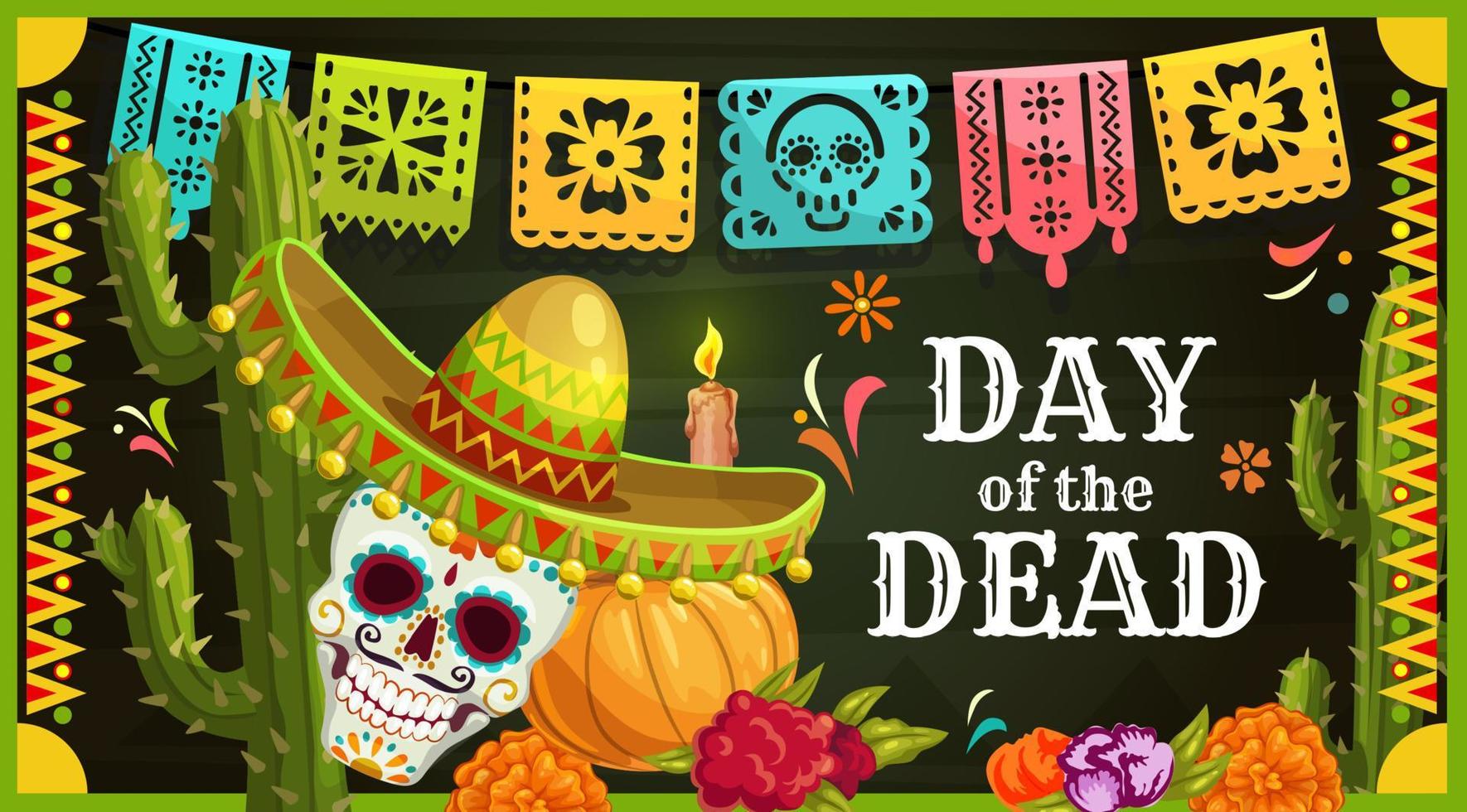 calavera de azúcar mexicana con sombrero. dia de los Muertos vector