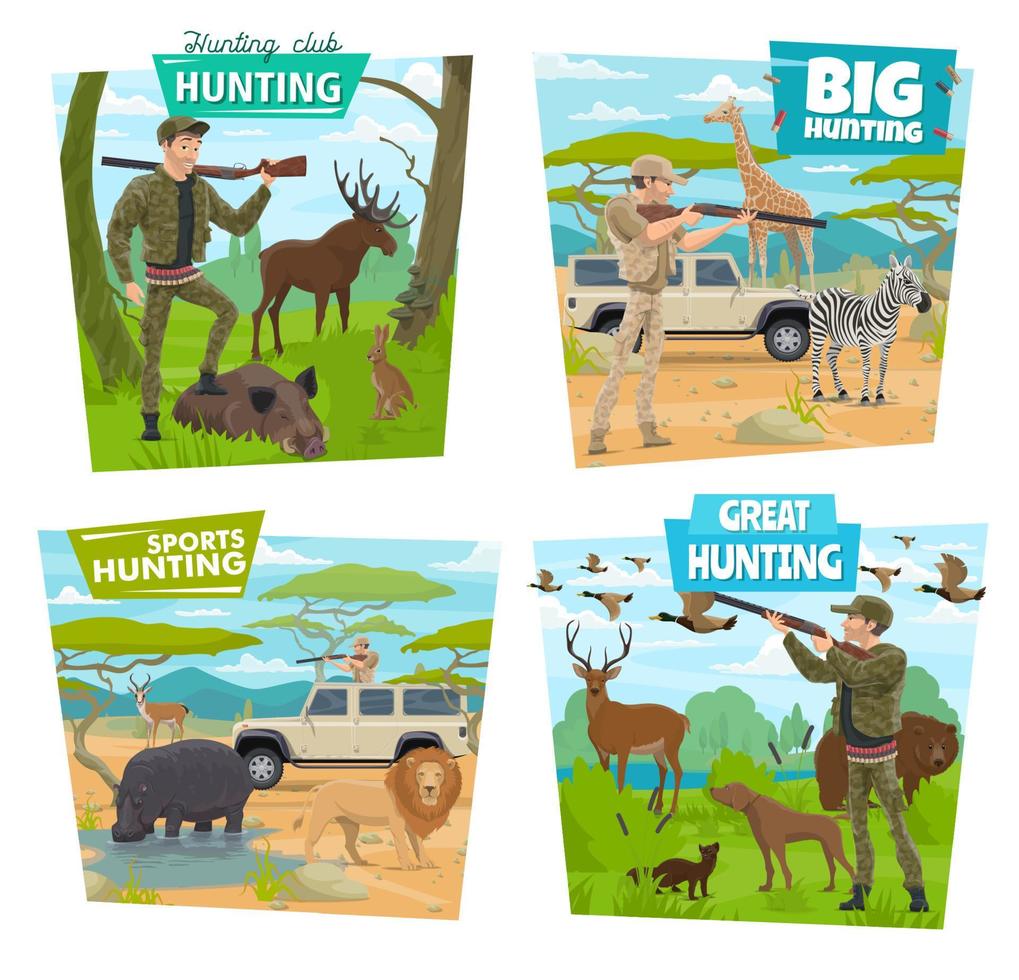 Hunters, hunting animals and ducks, guns, riffles vector