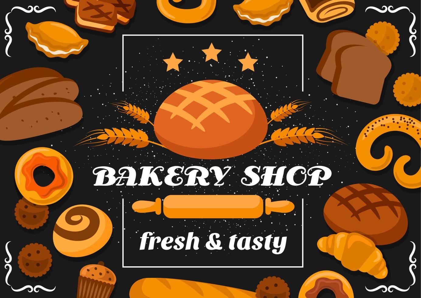 Bread and bakery shop baked food products vector