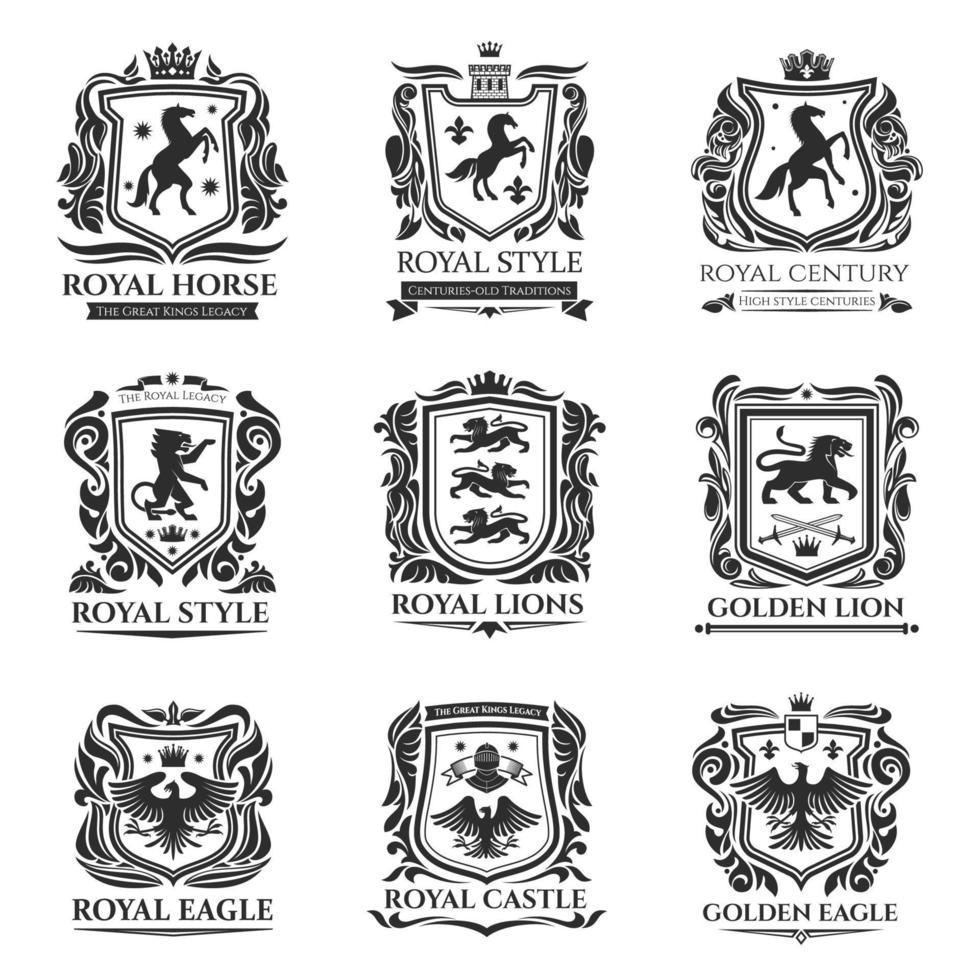 Royal heraldry, medieval horse and animals icons vector