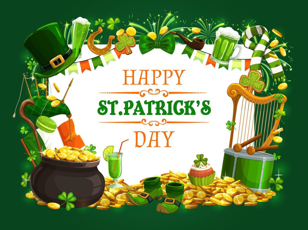 Patricks Day green shamrock, beer, leprechaun gold vector