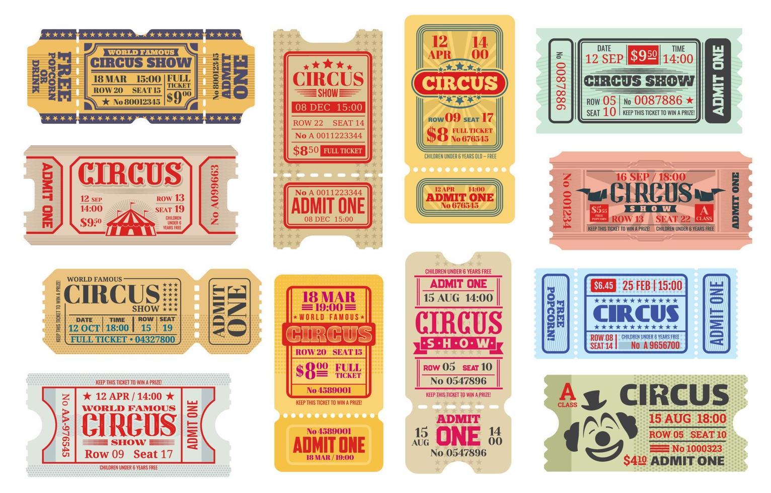 Retro tickets to big top circus show, vector set