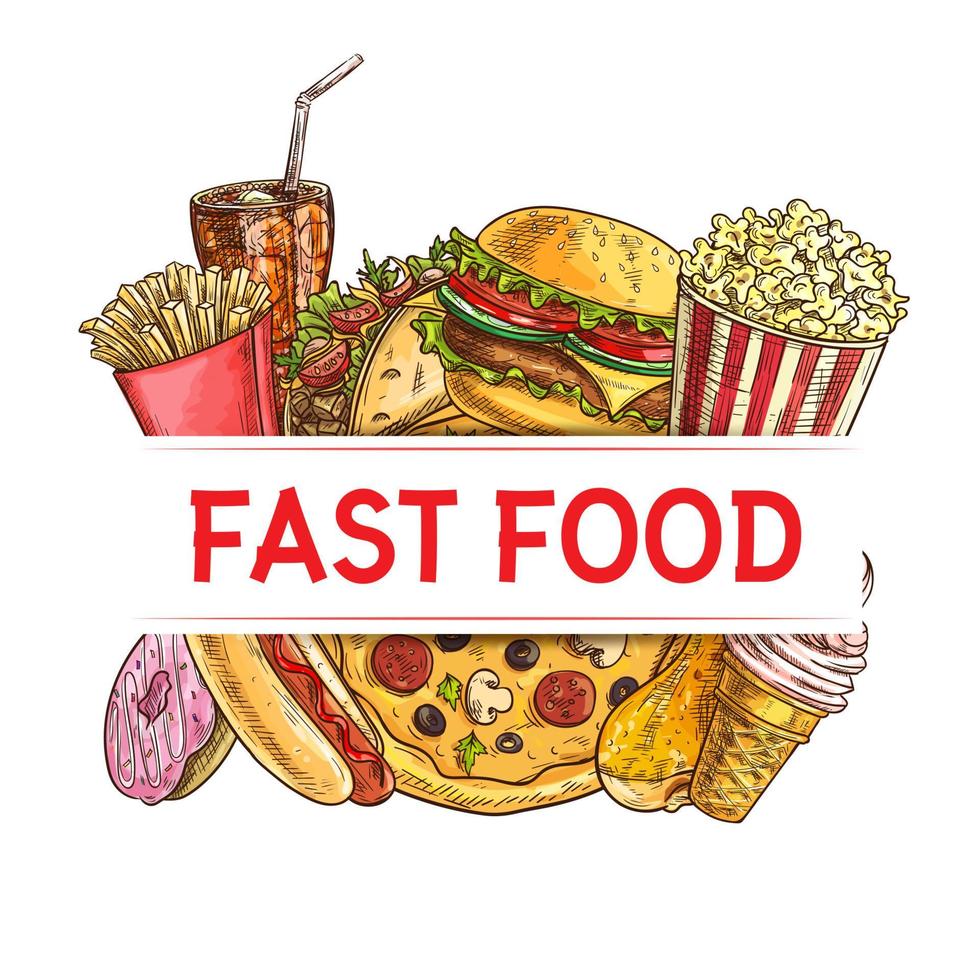 pancarta de comida rápida, bebidas y postres vector