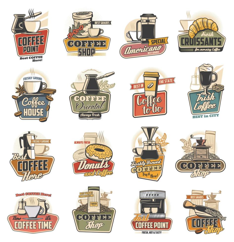 Coffee cup, mug, espresso machine and bean icons vector
