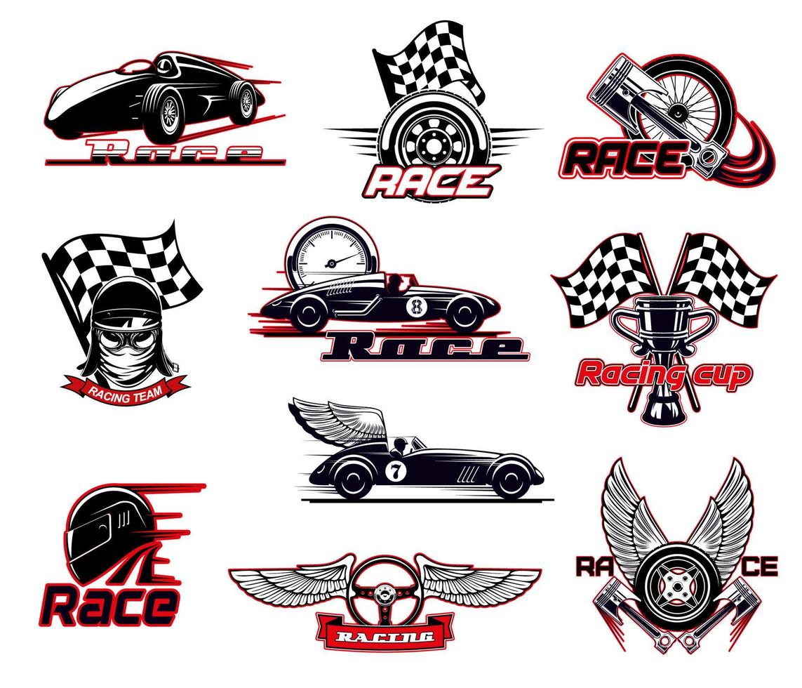 Car race, motor racing vector icons set