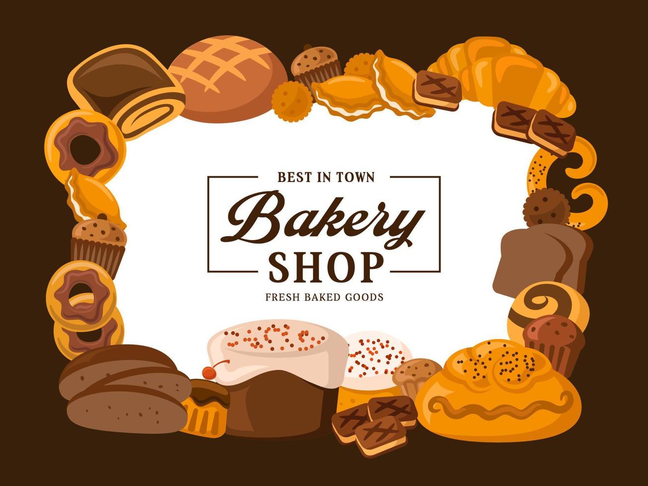 Bakery shop bread and baked pastry food, cakes vector