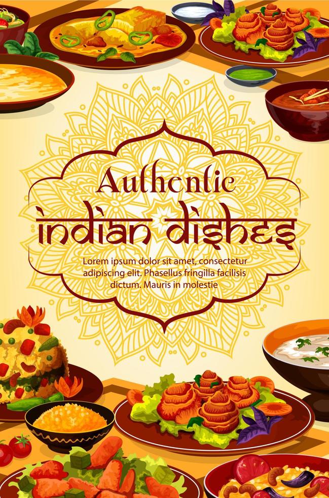 Authentic Indian food dishes, India meals menu vector