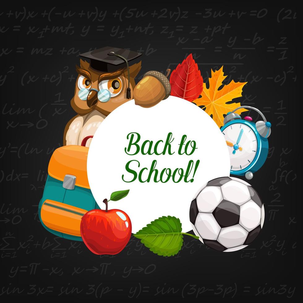 Back to school, chalk blackboard, supplies and owl vector